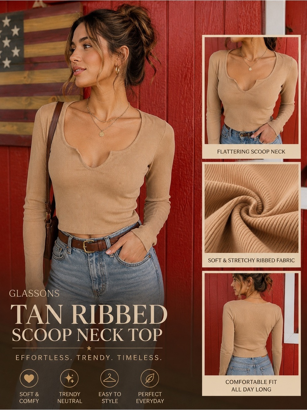 Glassons Tan Ribbed Long-Sleeve Scoop Neck Top